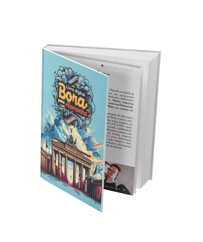 Representação 3D de um livro digital aberto com o título “Livro digital – Bora para Alemanha” e ilustração do Portão de Brandemburgo na capa.