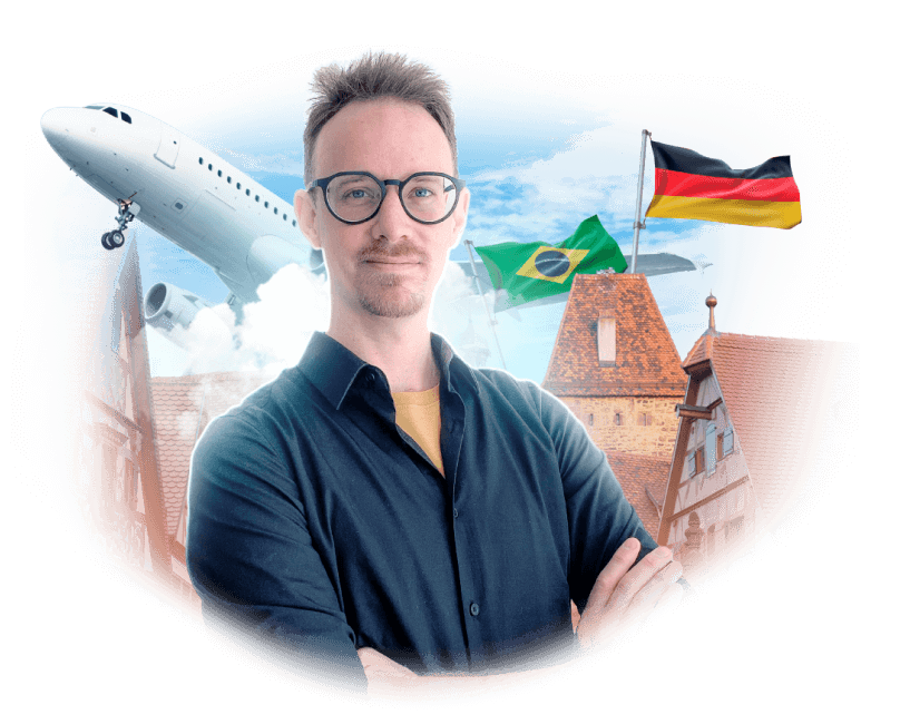 Lutz Michaelis em frente a um fundo com avião, bandeiras do Brasil e da Alemanha, além de construções tradicionais da Alemanha.