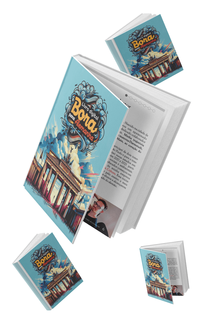 Representação 3D de um livro digital aberto com o título “Livro digital – Bora para Alemanha” e ilustração do Portão de Brandemburgo na capa.
