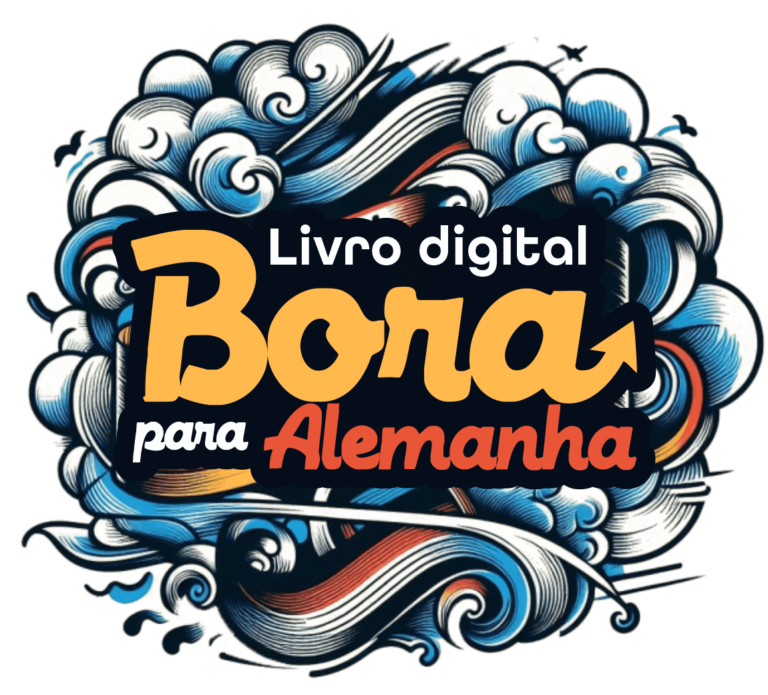 Logotipo gráfico com a inscrição “Livro digital Bora para Alemanha” sobre um fundo decorativo com linhas onduladas estilizadas nas cores azul, vermelho e branco.